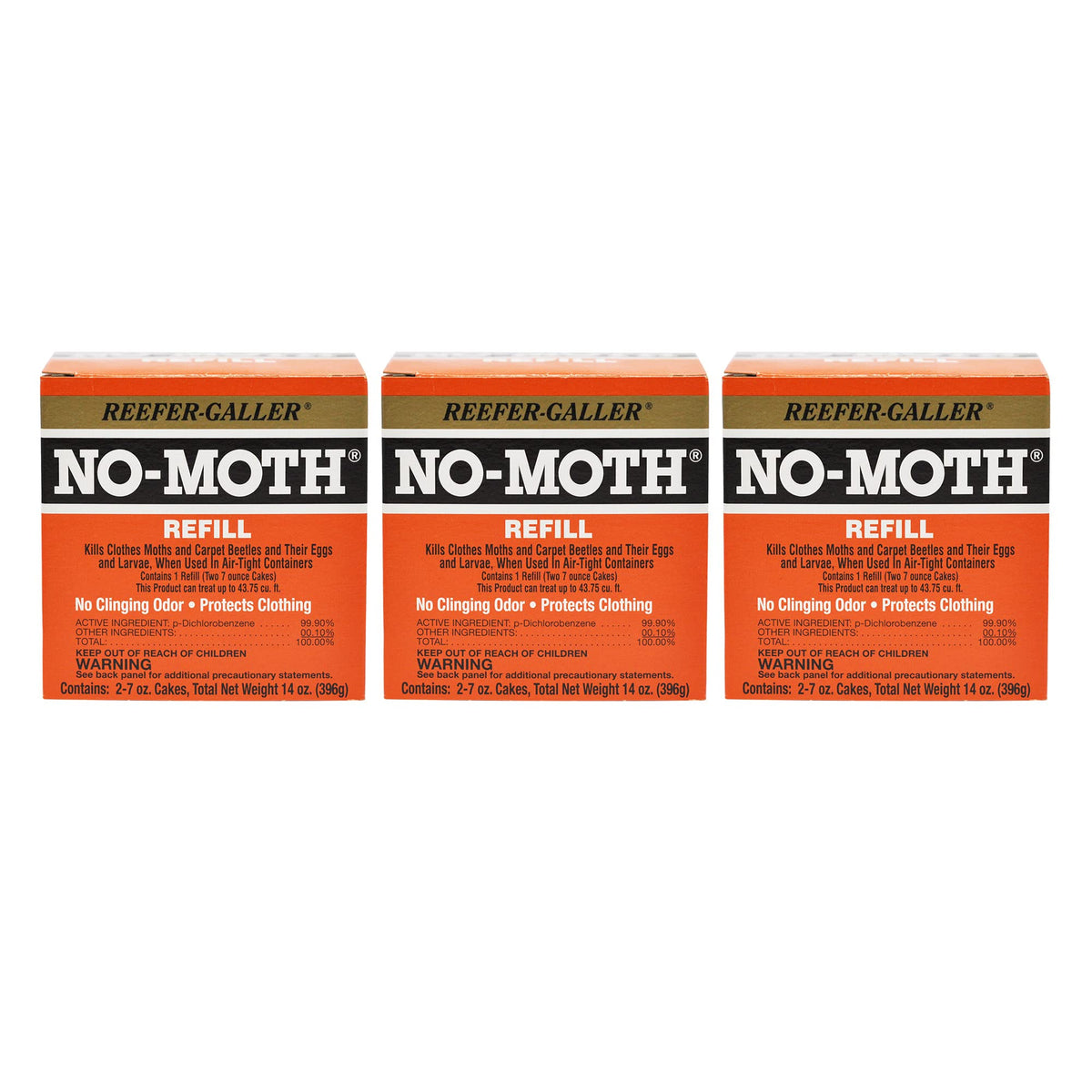 Reefer-Galler NO-Moth packaging with two moth cakes for closet storage
