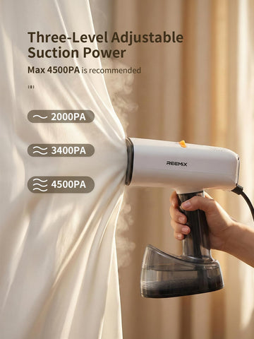 Reemix vacuum steamer shows 3-level suction control for delicate fabrics.