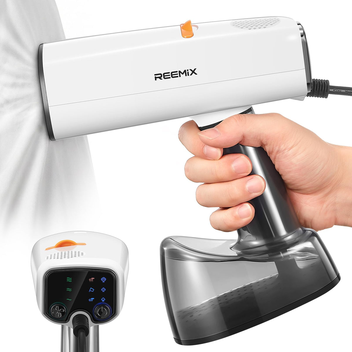 Reemix vacuum steamer with LED display enables easy settings and wrinkle reduction.