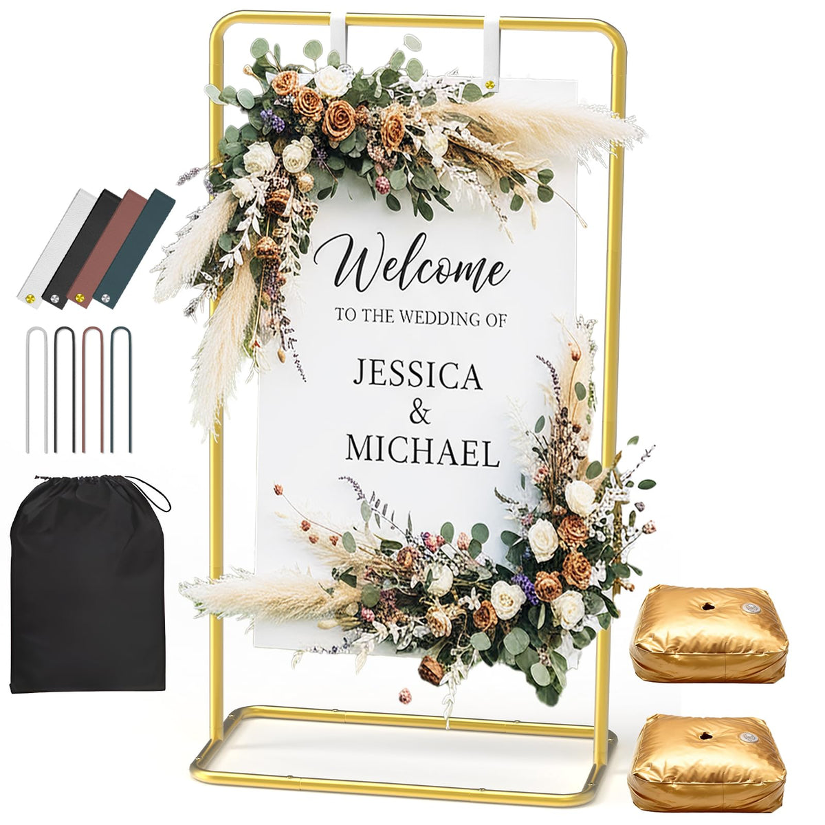 ReePlan wedding sign stand with gold base enhances the entrance display