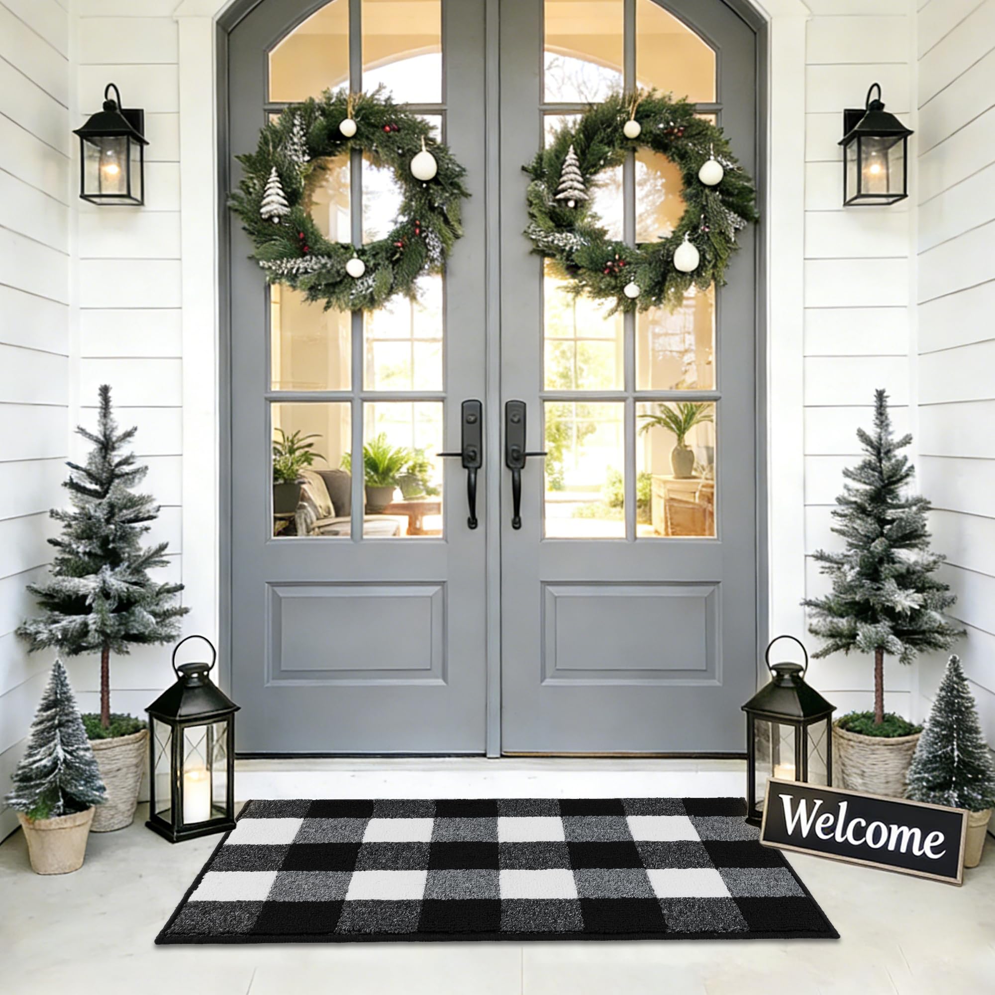 REFETONE buffalo plaid rug 24x36 with non-slip backing for entryway safety.