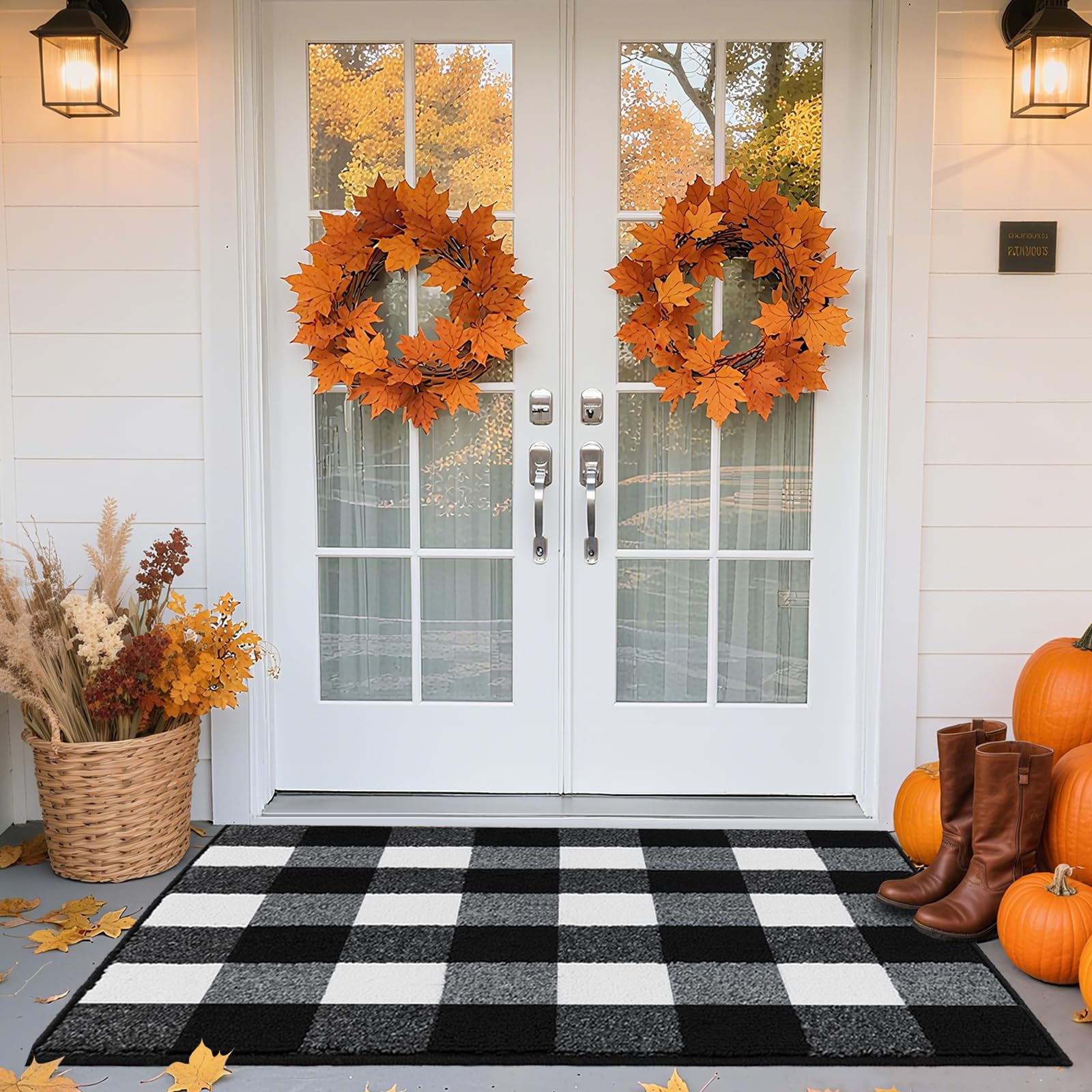 REFETONE buffalo plaid rug front-porch setup with low-profile thickness.