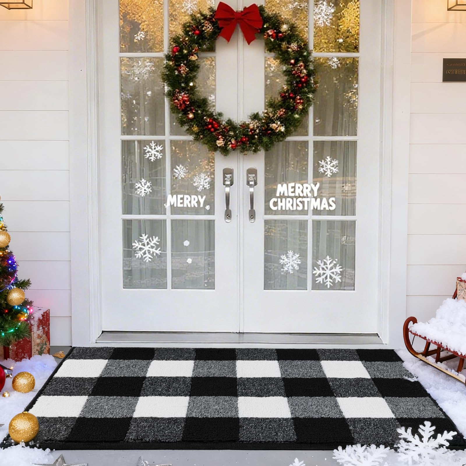 REFETONE buffalo plaid rug layered at the door for farmhouse style.