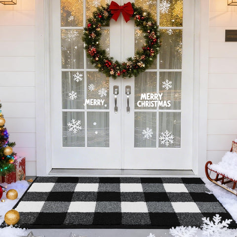 REFETONE buffalo plaid rug layered at the door for farmhouse style.