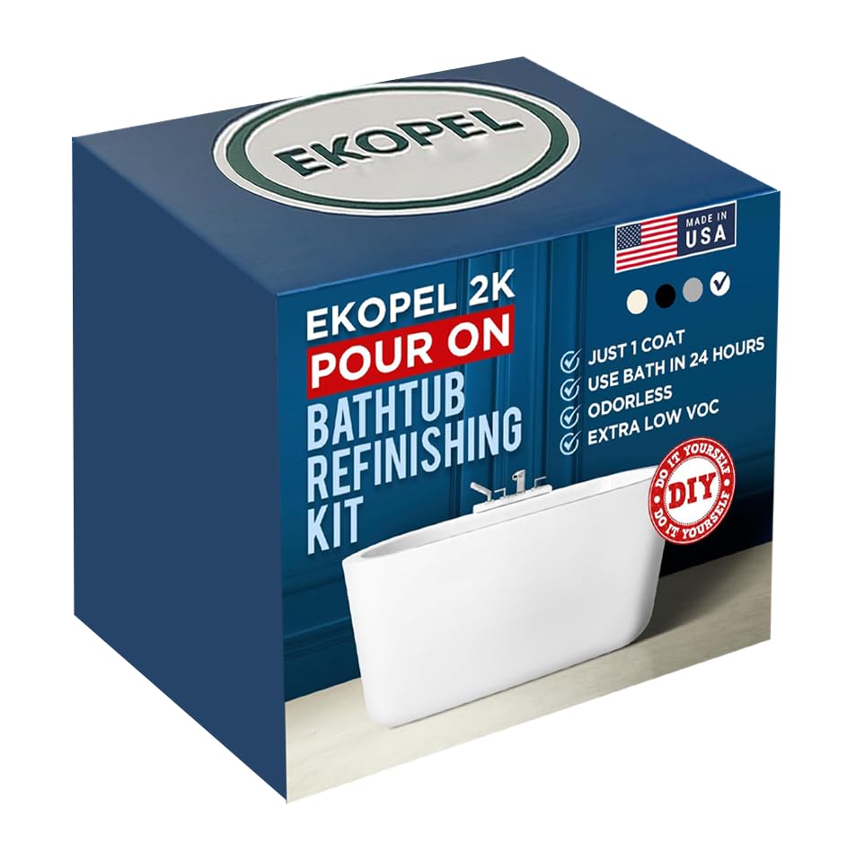 Refinished Bath Solutions Ekopel 2K pour-on tub application for easy DIY refinishing.
