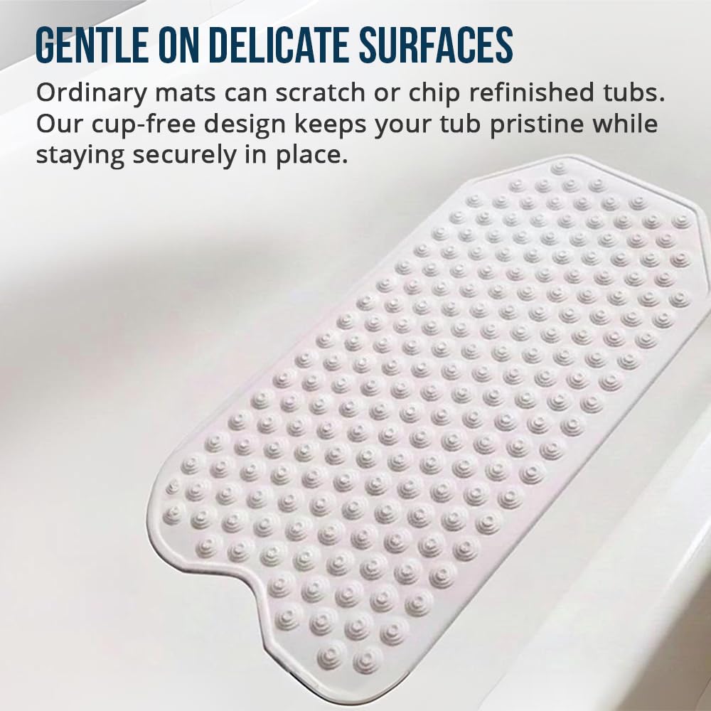 Refinished Bath Solutions no-suction design keeps mat stable without damaging finishes.