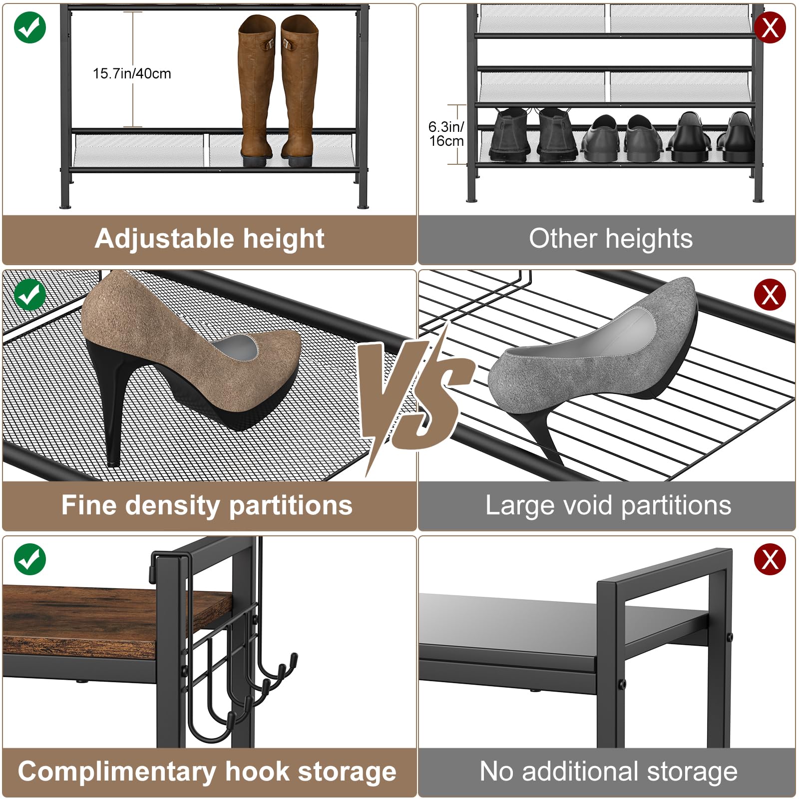 Refrze shoe rack side hooks for umbrellas and bags.