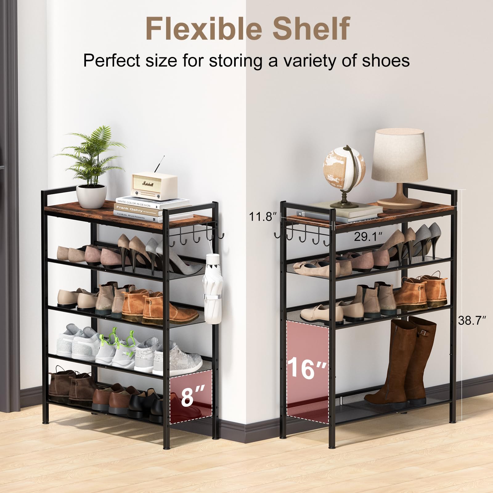 Refrze rack includes side hooks for umbrellas and keys storage.