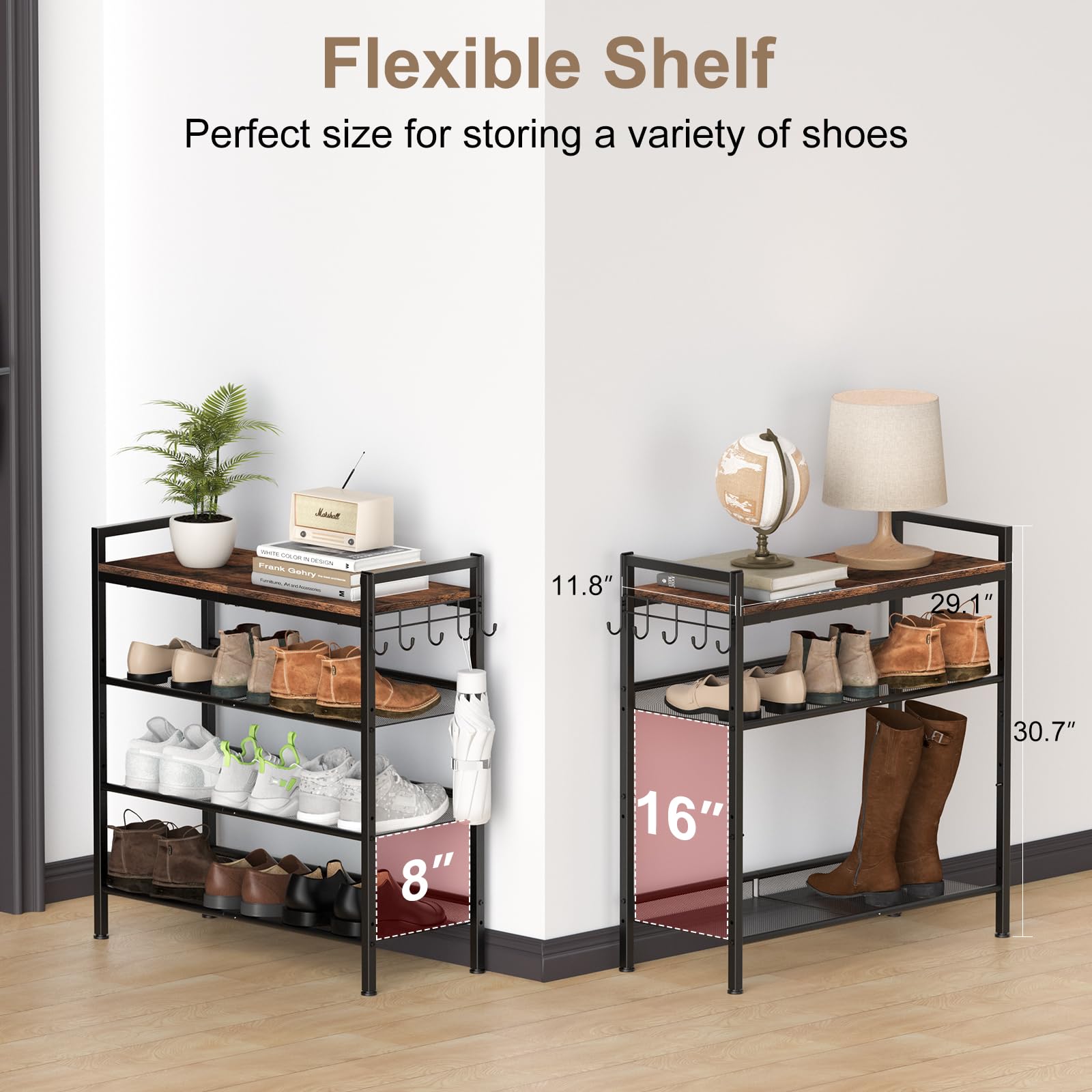Refrze shoe rack tilt feature enabling adaptable placement.