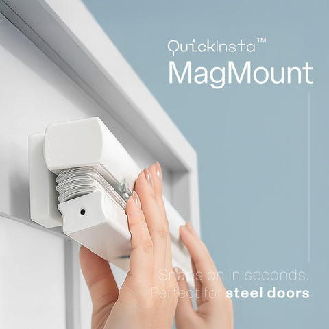 Regal estate QuickInsta MagMount door attachment demonstrates magnet-based mounting for fast privacy.