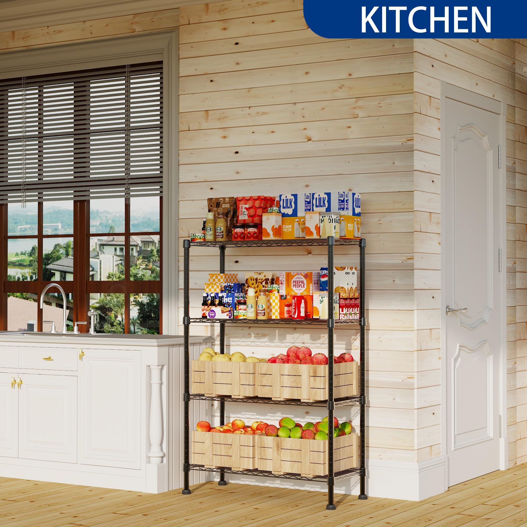 REGILLER rack side view highlights slim profile with ample room for shelves.