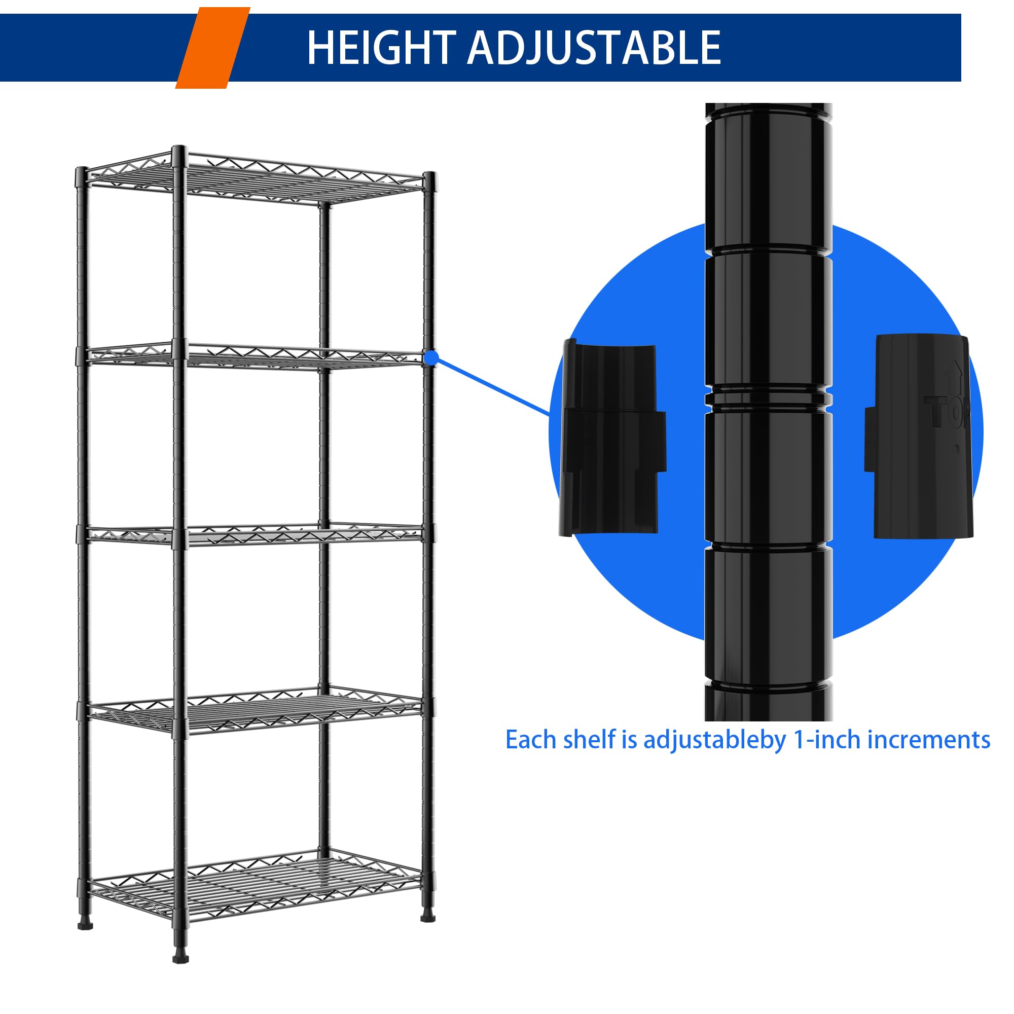 REGILLER 5-Wire Shelving adjustable feet balance on uneven floors.
