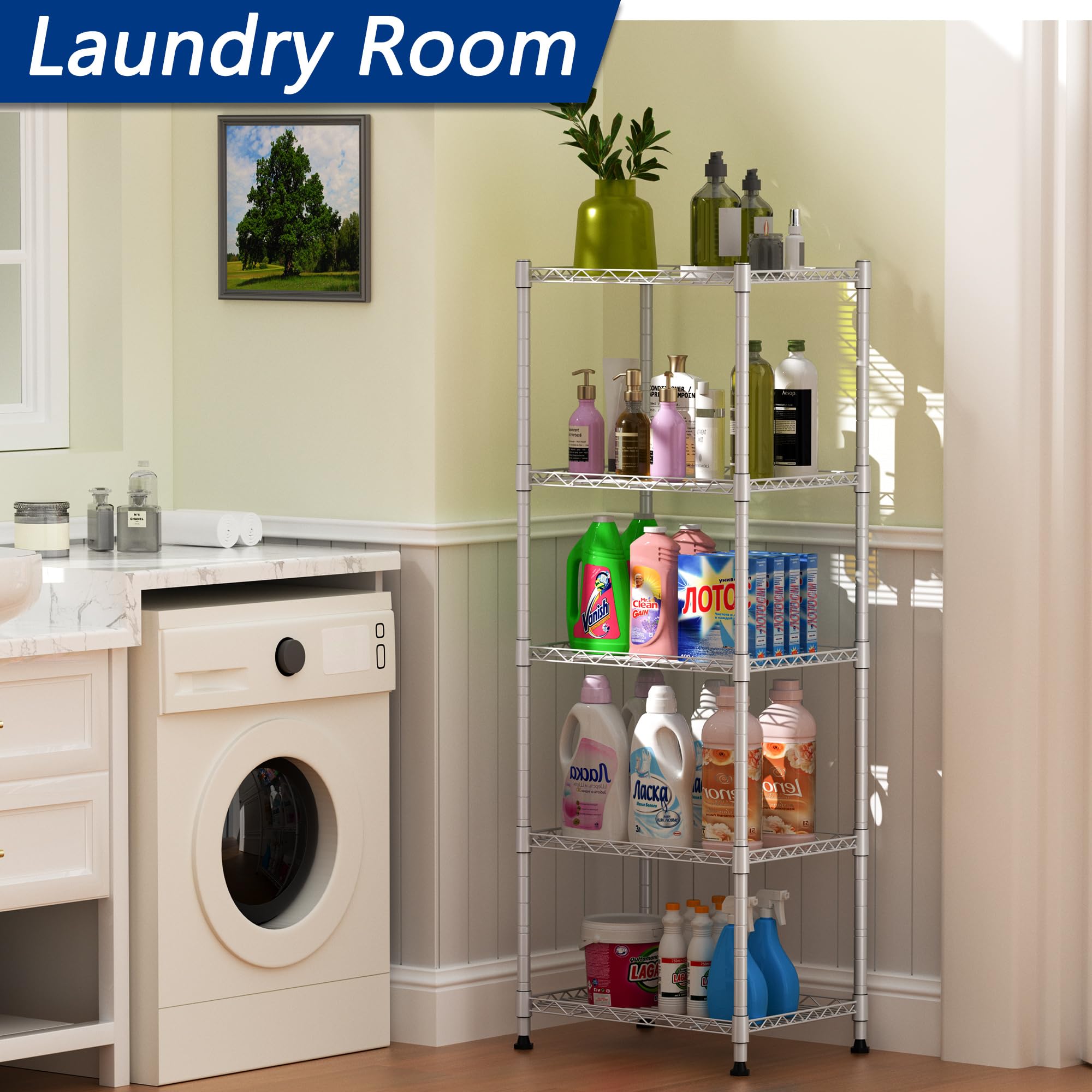 REGILLER steel rack placed in laundry room keeps misc items organized and accessible