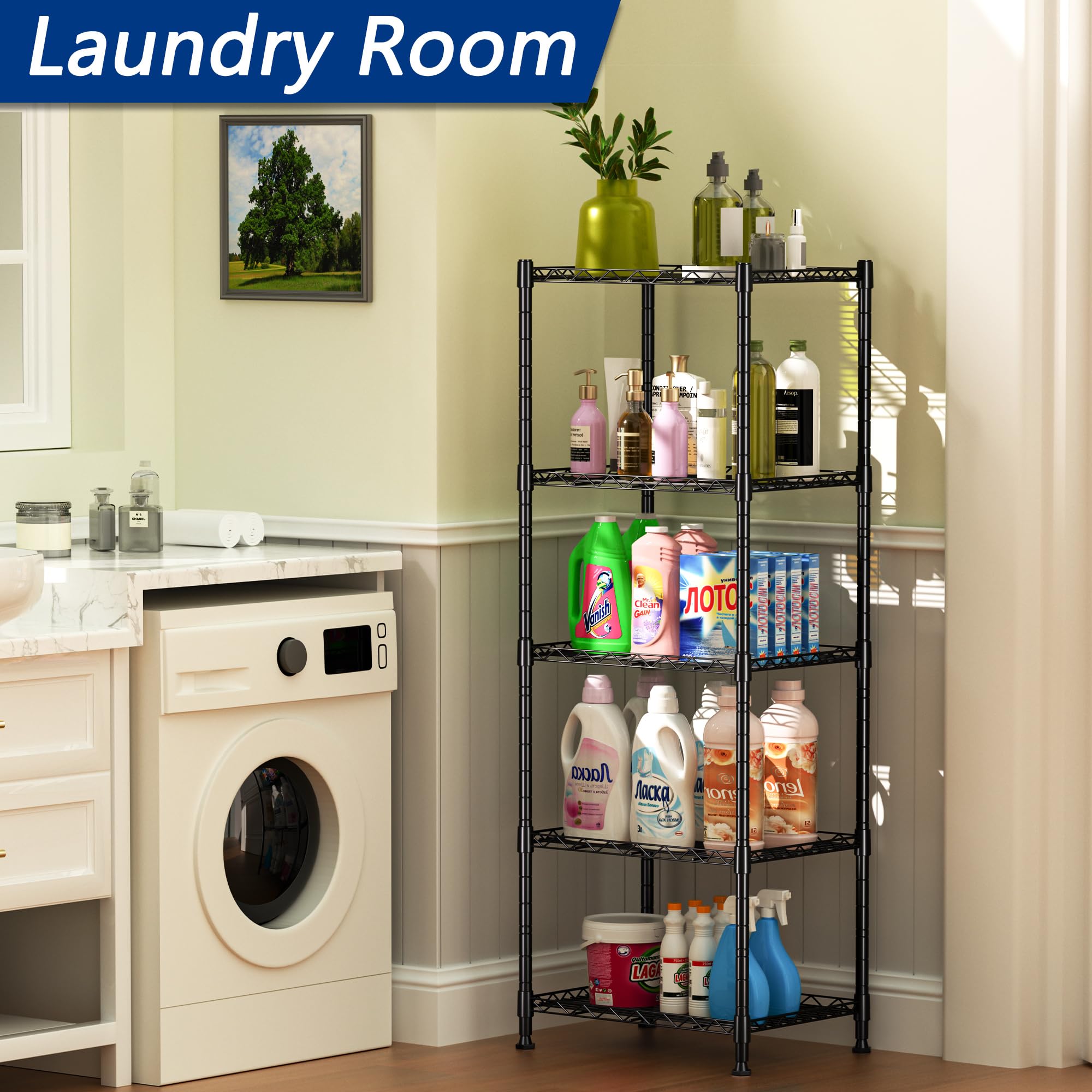 REGILLER 5-Wire shelving unit side view highlights slim profile for tight spaces.