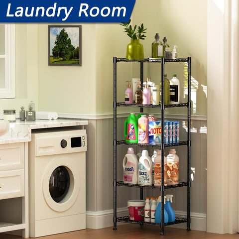 REGILLER 5-Wire shelving unit side view highlights slim profile for tight spaces.