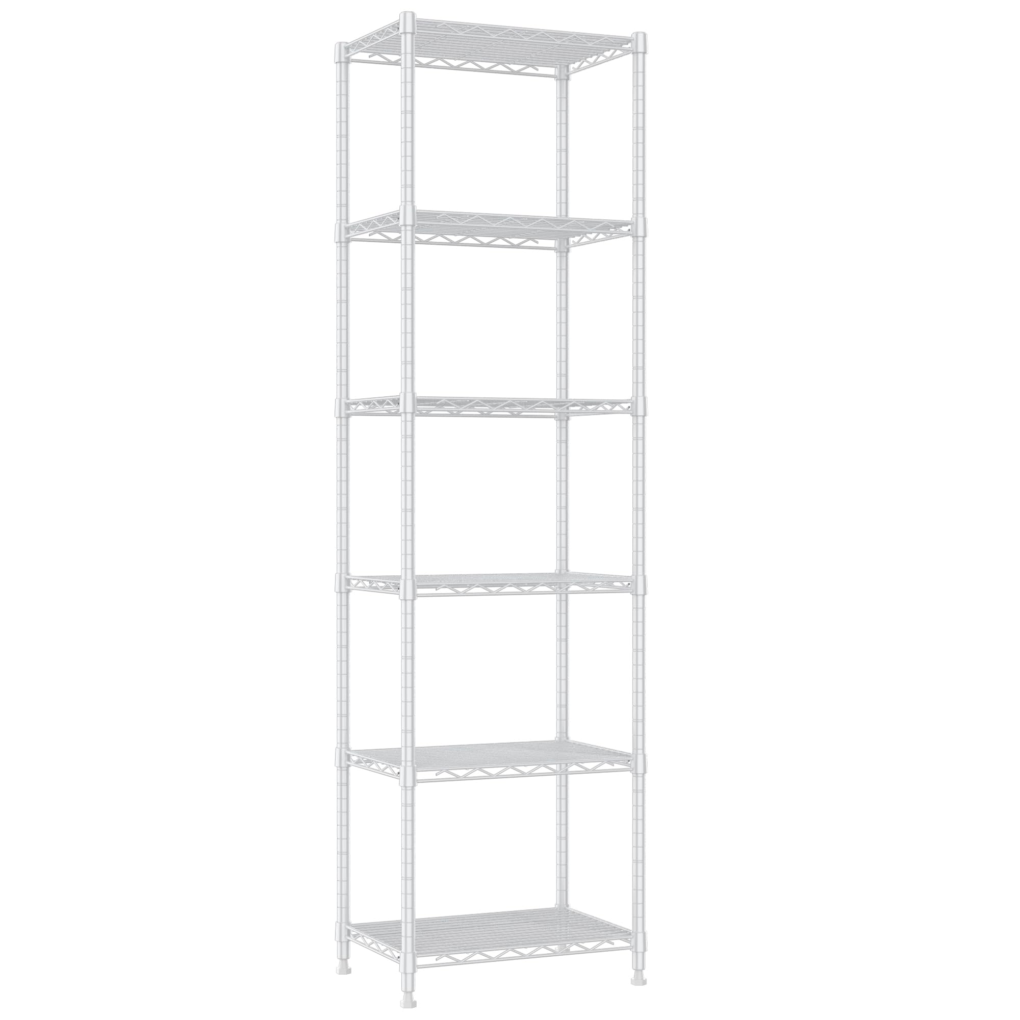REGILLER 6-tier shelving unit in white for durable laundry and pantry storage.
