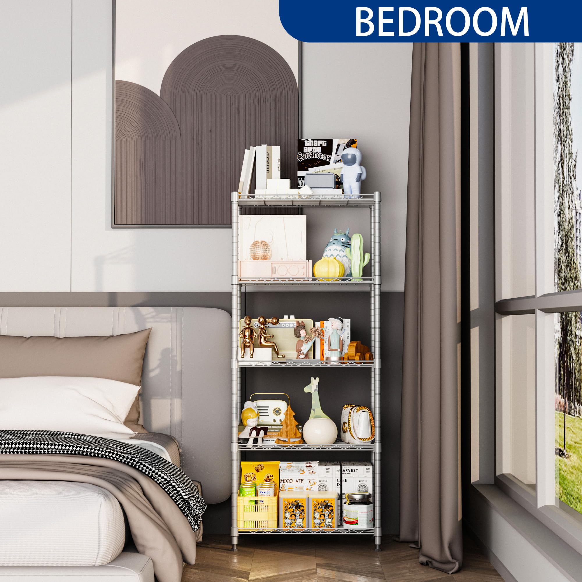 REGILLER adjustable shelf unit in silver fits narrow spaces with smart organization.