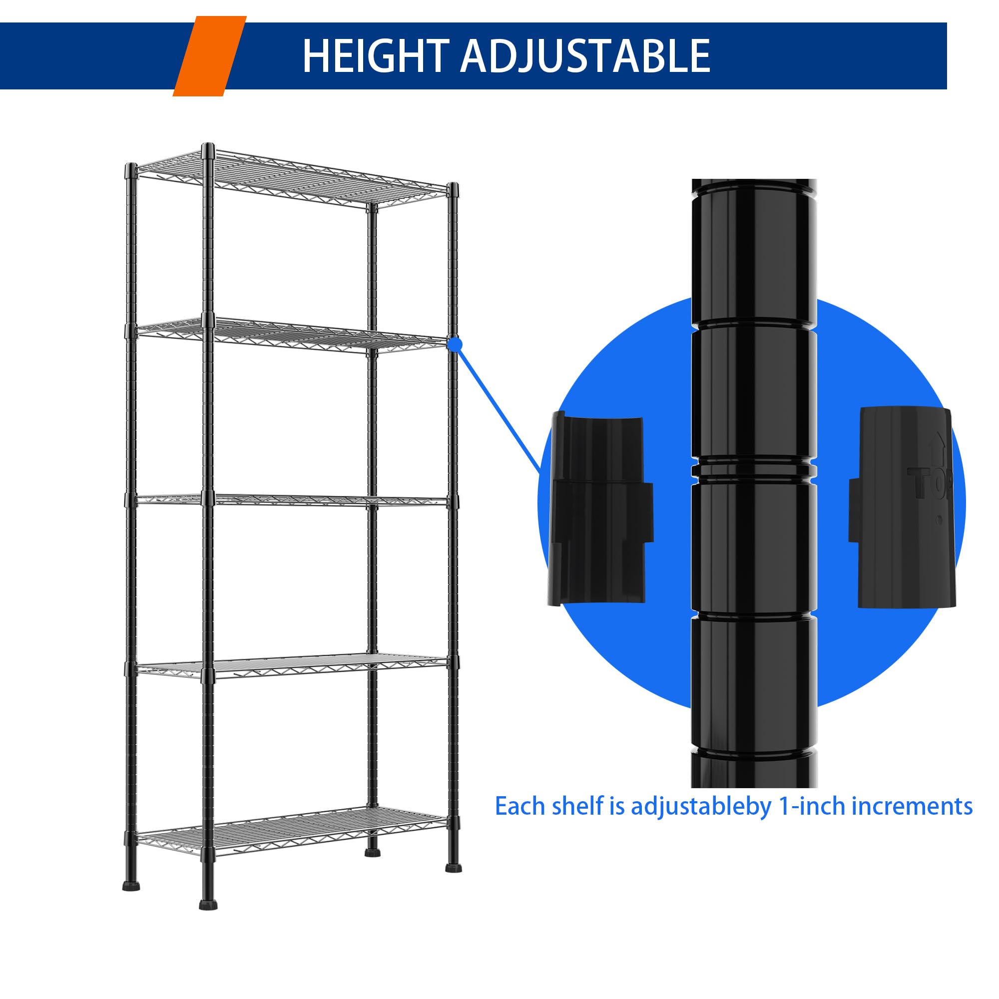 REGILLER shelving unit with adjustable feet adapts to uneven floors.