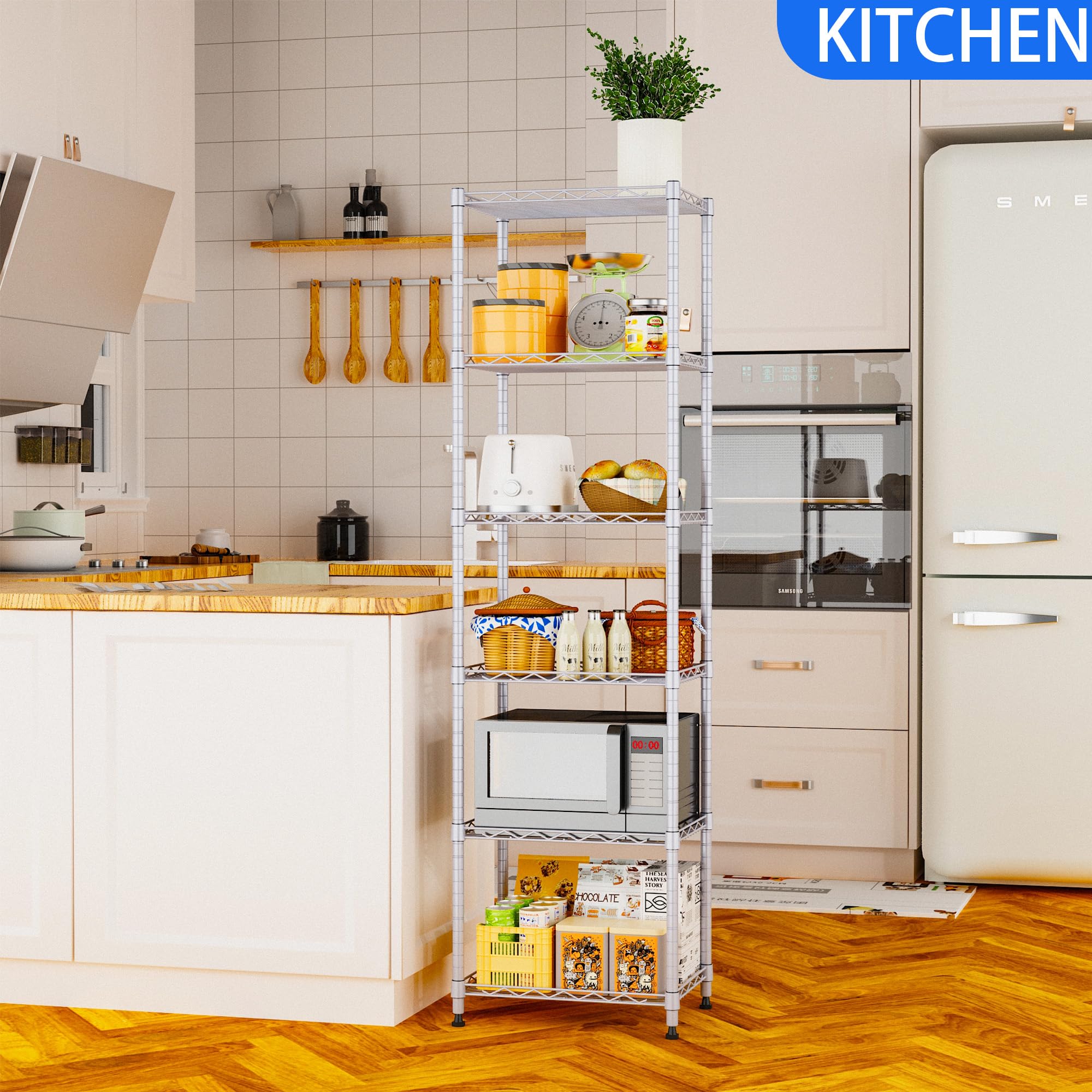 REGILLER steel shelving with water-resistant coating in a bathroom or kitchen.