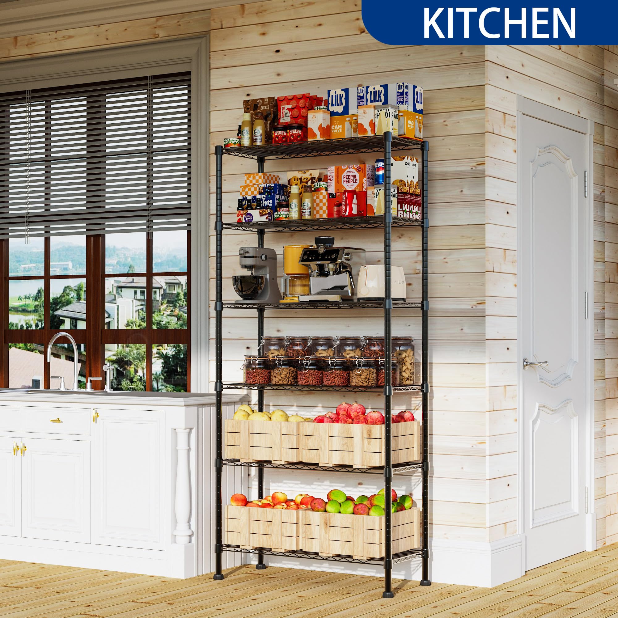 REGILLER steel storage rack sturdy design keeps kitchens and baths organized.