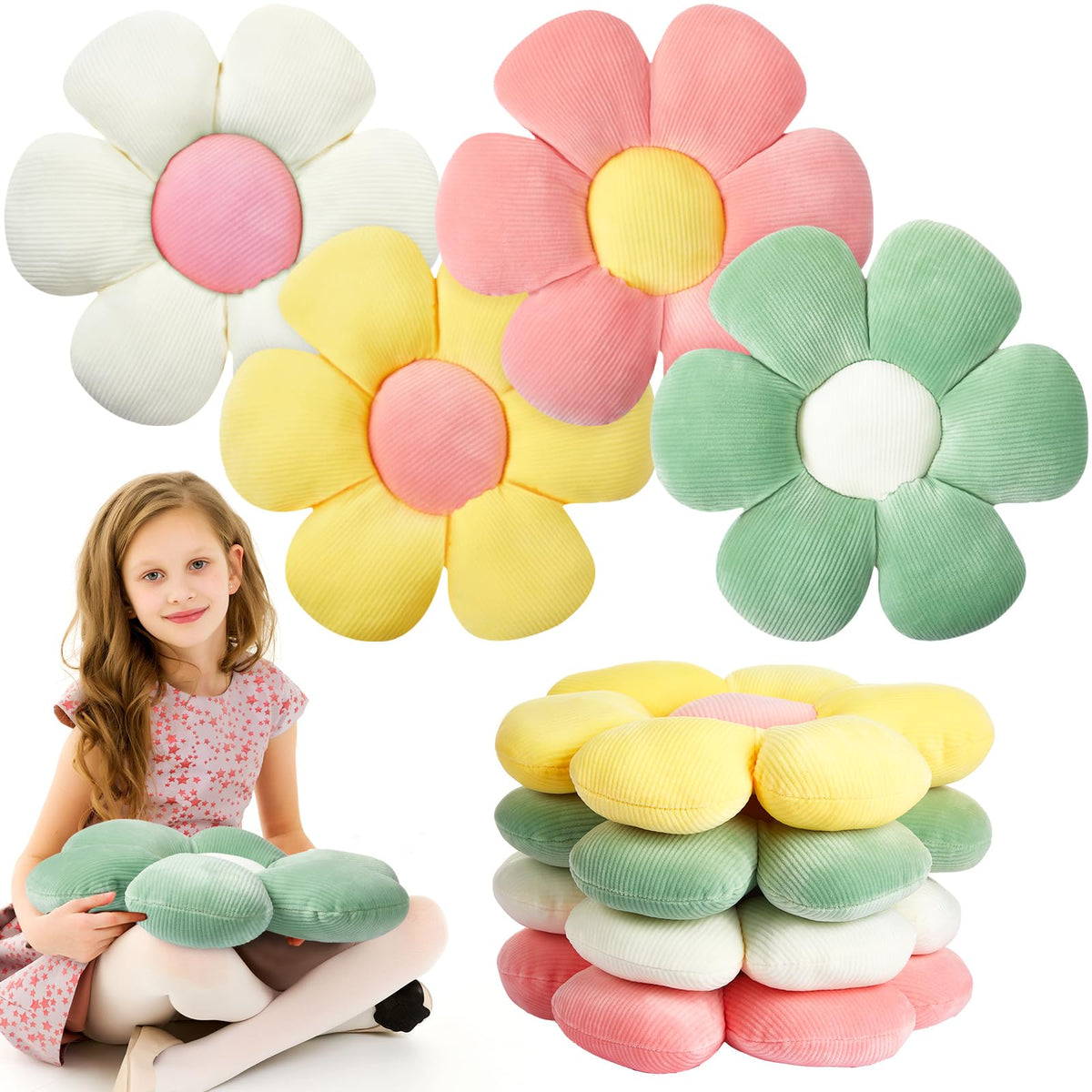 Reginary four-piece flower floor pillows in a colorful palette for soft seating