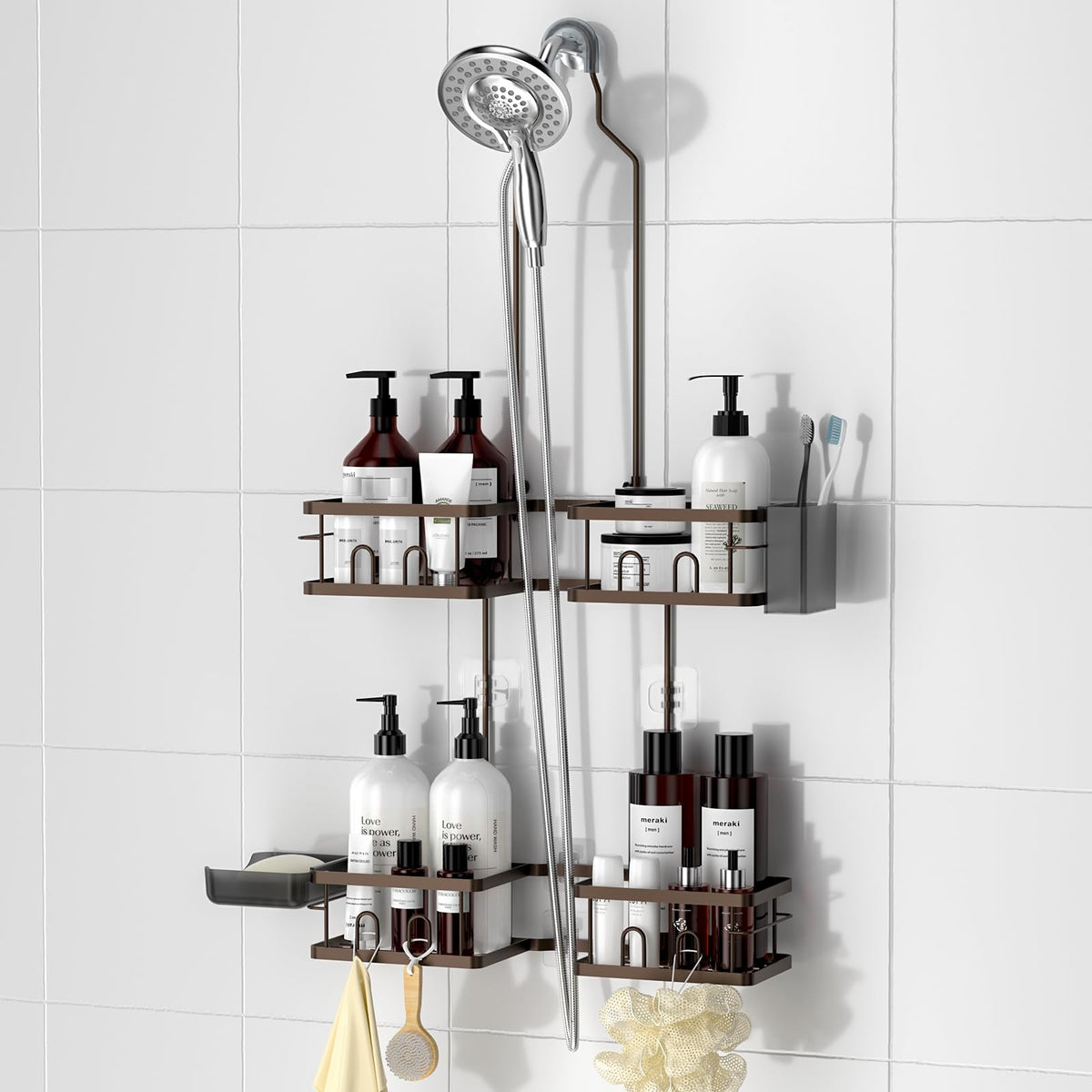 Reinhardt adjustable shower caddy bronze with height-flexible shelves for tall bottles.