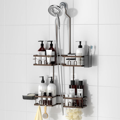 Reinhardt adjustable shower caddy bronze with height-flexible shelves for tall bottles.