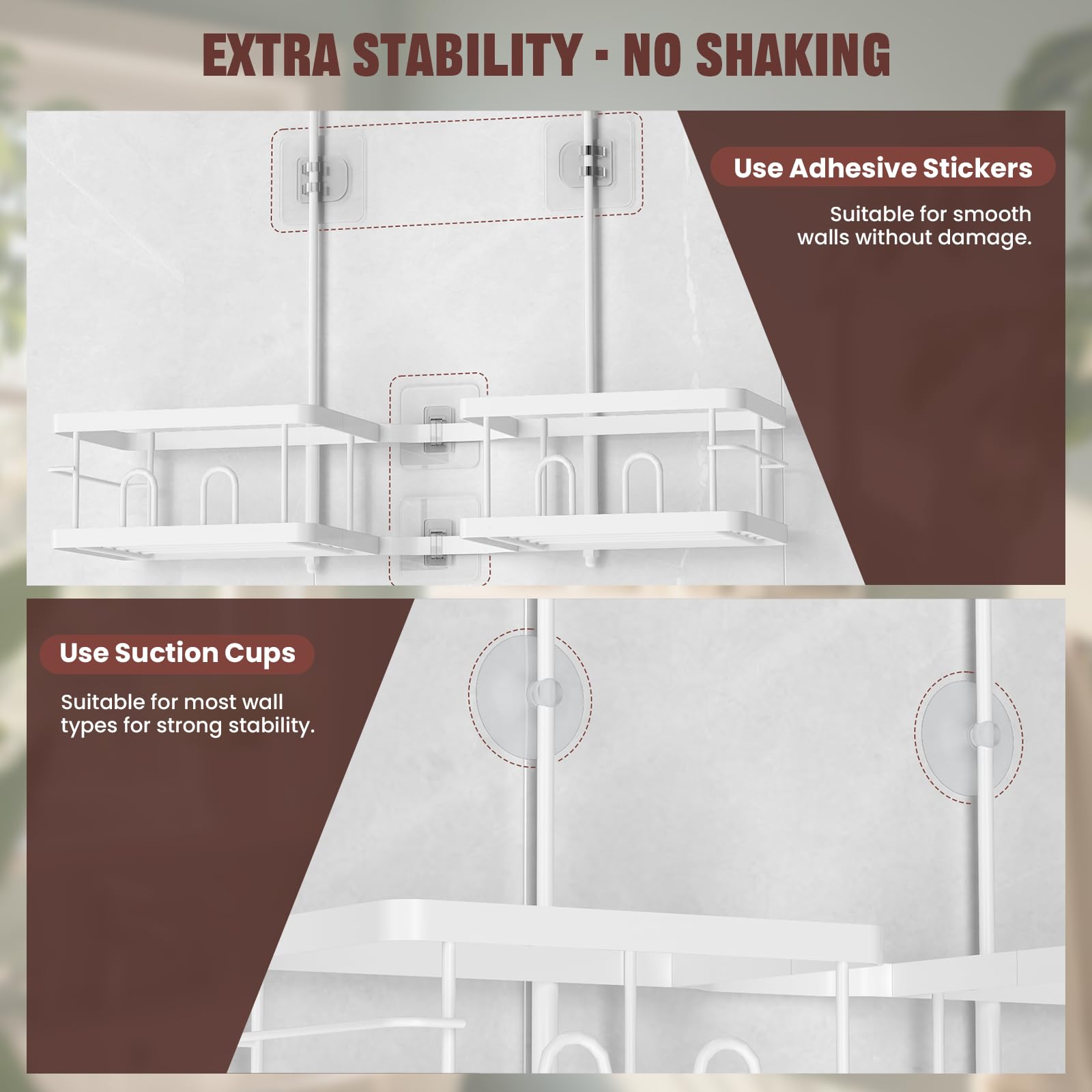 REINHARDT four-basket configuration organizes shampoos and soaps neatly.