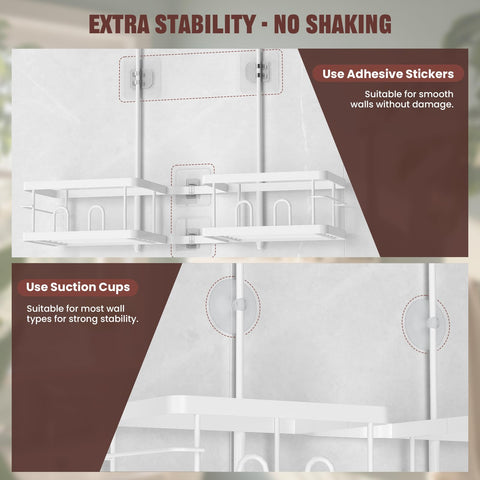 REINHARDT four-basket configuration organizes shampoos and soaps neatly.
