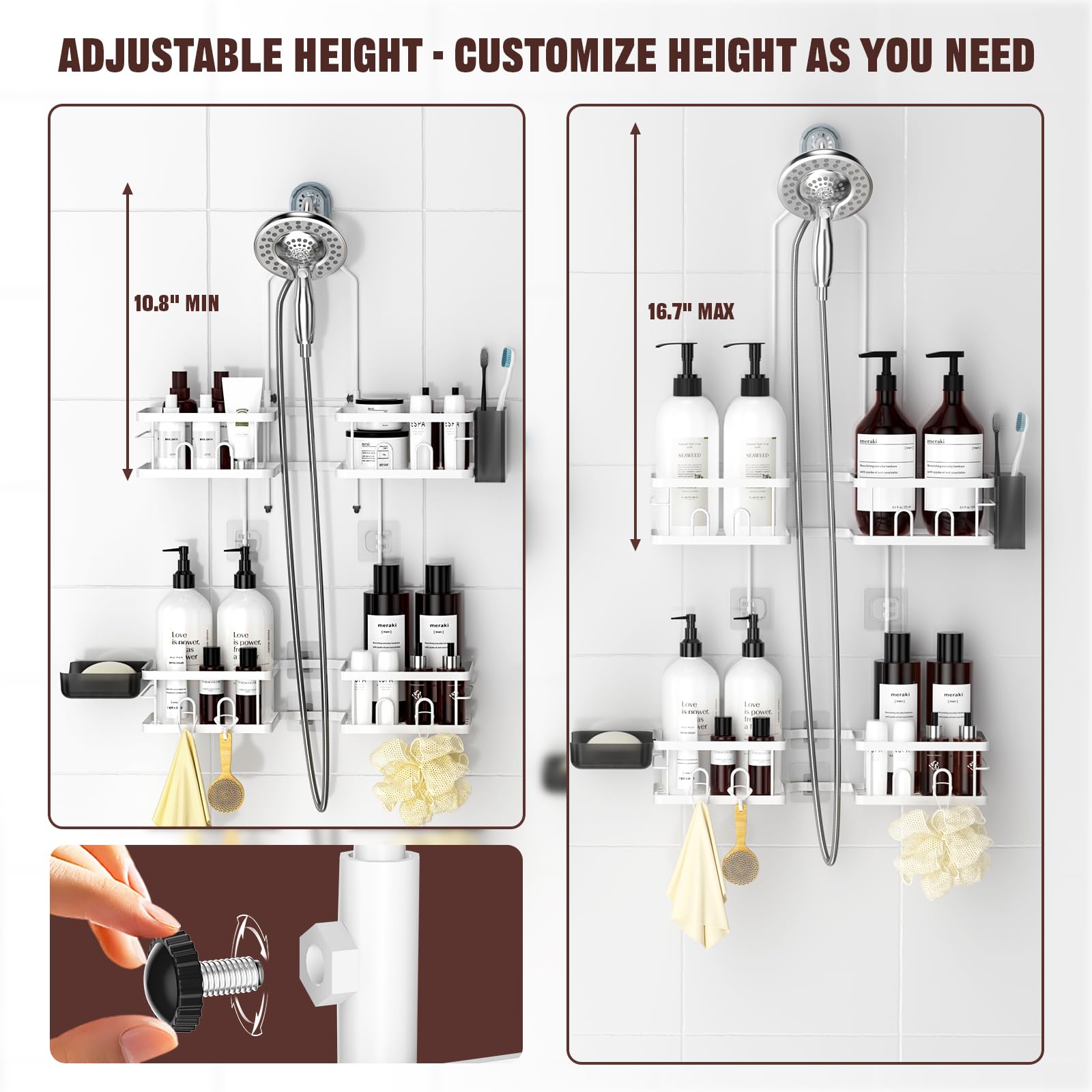 REINHARDT shower caddy shows handheld compatibility and cable-free hose clearance.