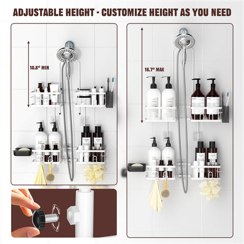 REINHARDT shower caddy shows handheld compatibility and cable-free hose clearance.