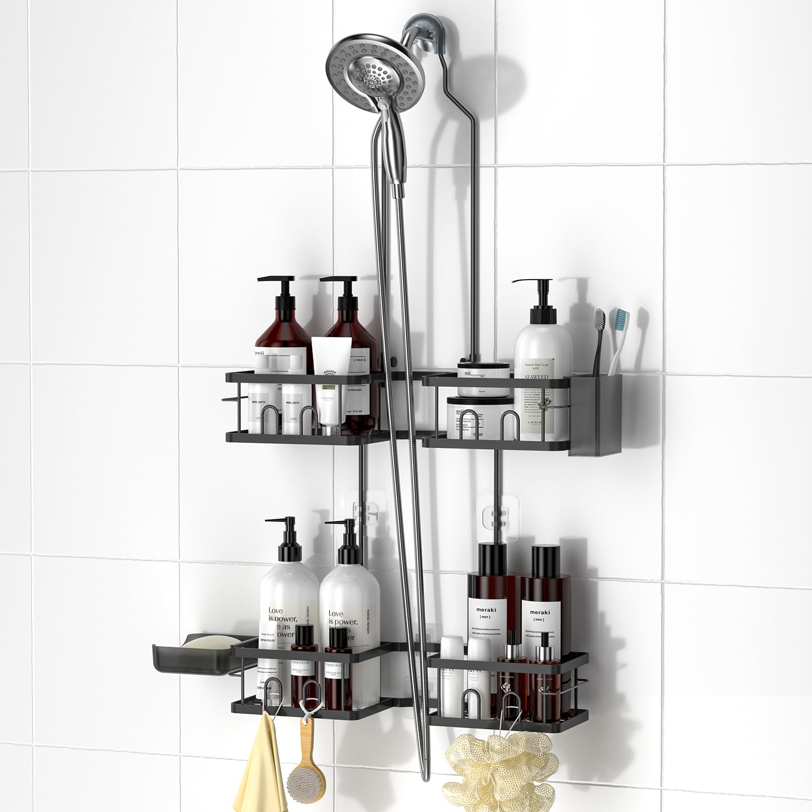 REINHARDT adjustable shower caddy height bracket anchors bottles for tall toiletries.