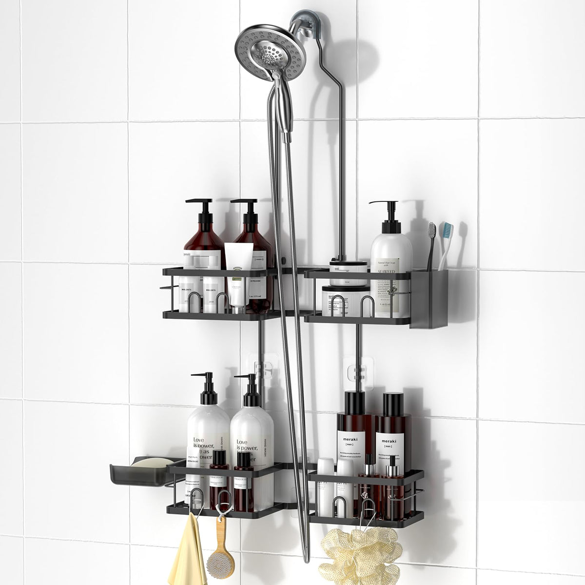 REINHARDT adjustable shower caddy height bracket anchors bottles for tall toiletries.