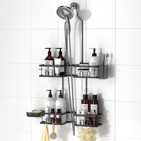 REINHARDT adjustable shower caddy height bracket anchors bottles for tall toiletries.