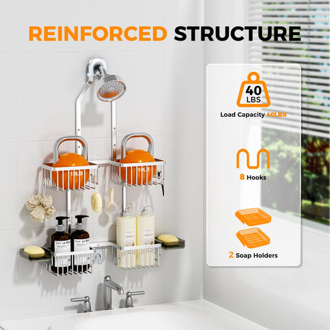 REINHARDT caddy designed for handheld showerhead keeps hoses accessible and organized