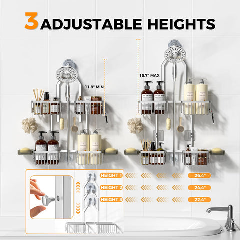 REINHARDT shower caddy height adjustment demonstrates three levels for tall and short bottles