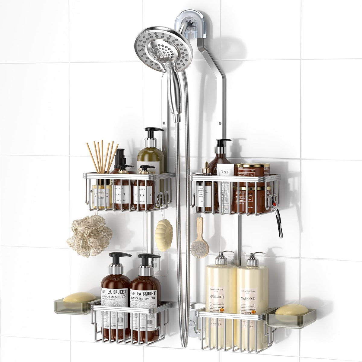 REINHARDT aluminum shower caddy installation showing quick setup and tool-light assembly