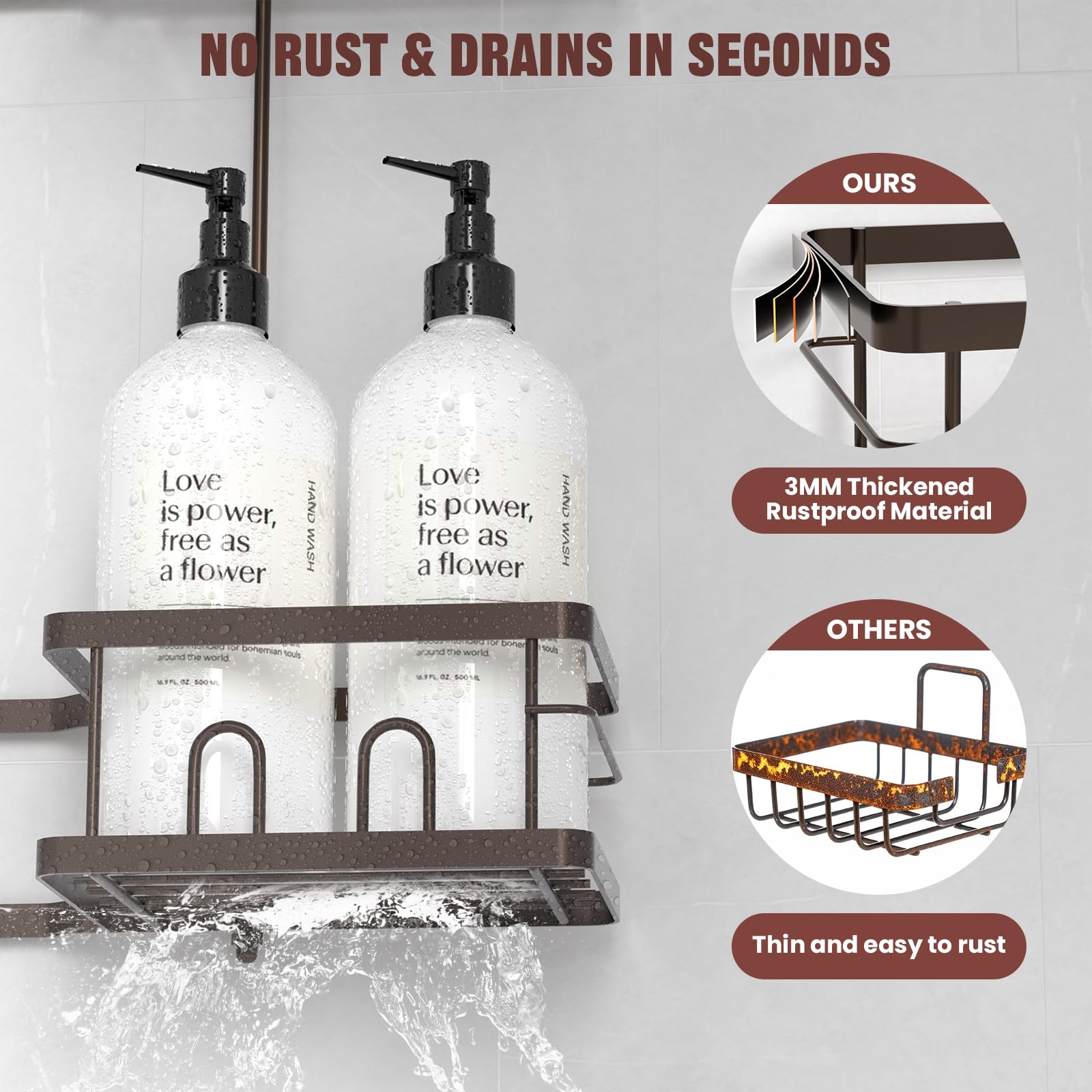 Reinhardt bronze finish shower caddy deco that resists rust.