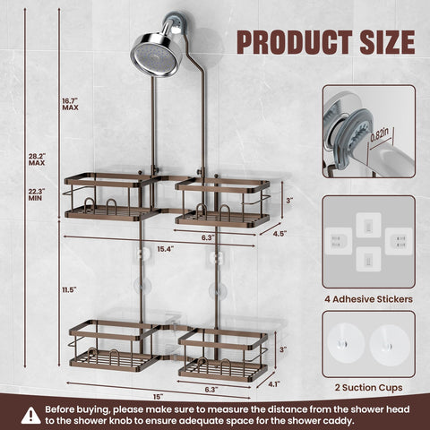 Reinhardt eight-hooks bronze shower caddy adds space for accessories.