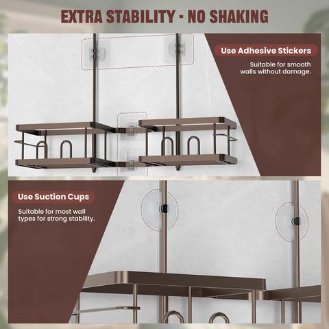 Reinhardt four-basket bronze shower caddy maximizes bottle and soap storage.