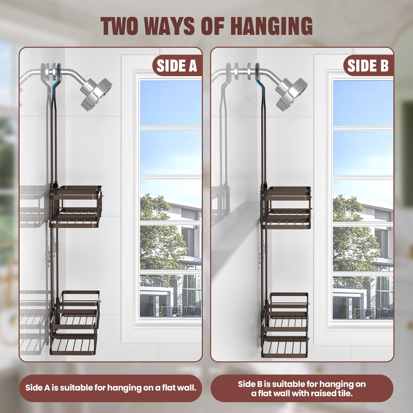 Reinhardt large-capacity bronze shower caddy helps organize items neatly.