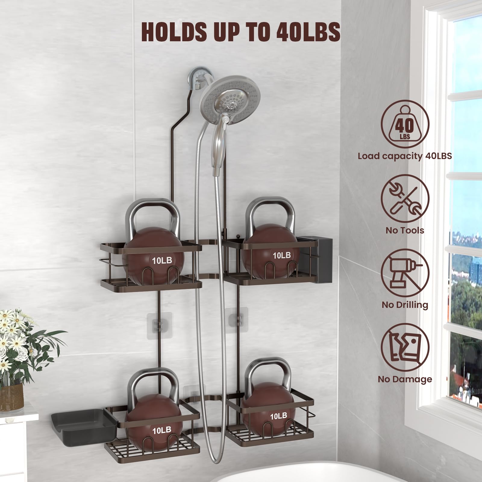 Reinhardt rustproof bronze shower caddy resists humidity and corrosion.