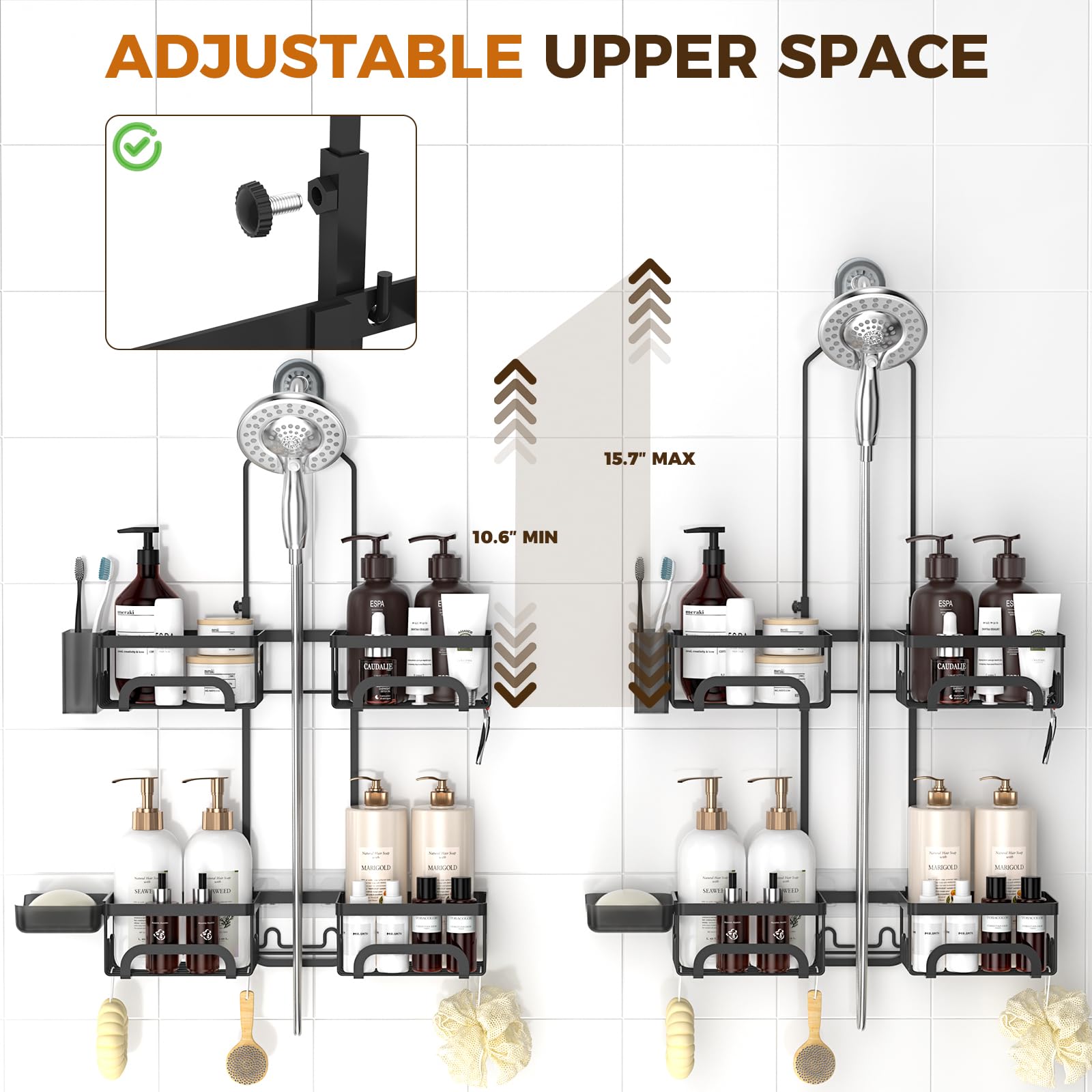 REINHARDT shower caddy adjustable height adapts to taller bottles