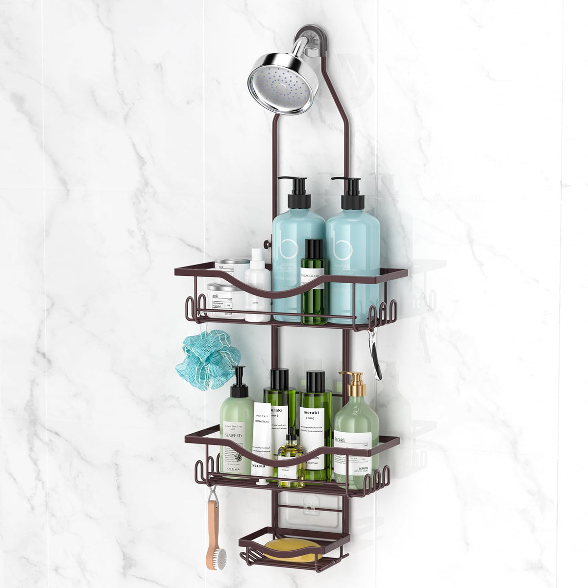 REINHARDT shower caddy hangs securely over the showerhead for easy access