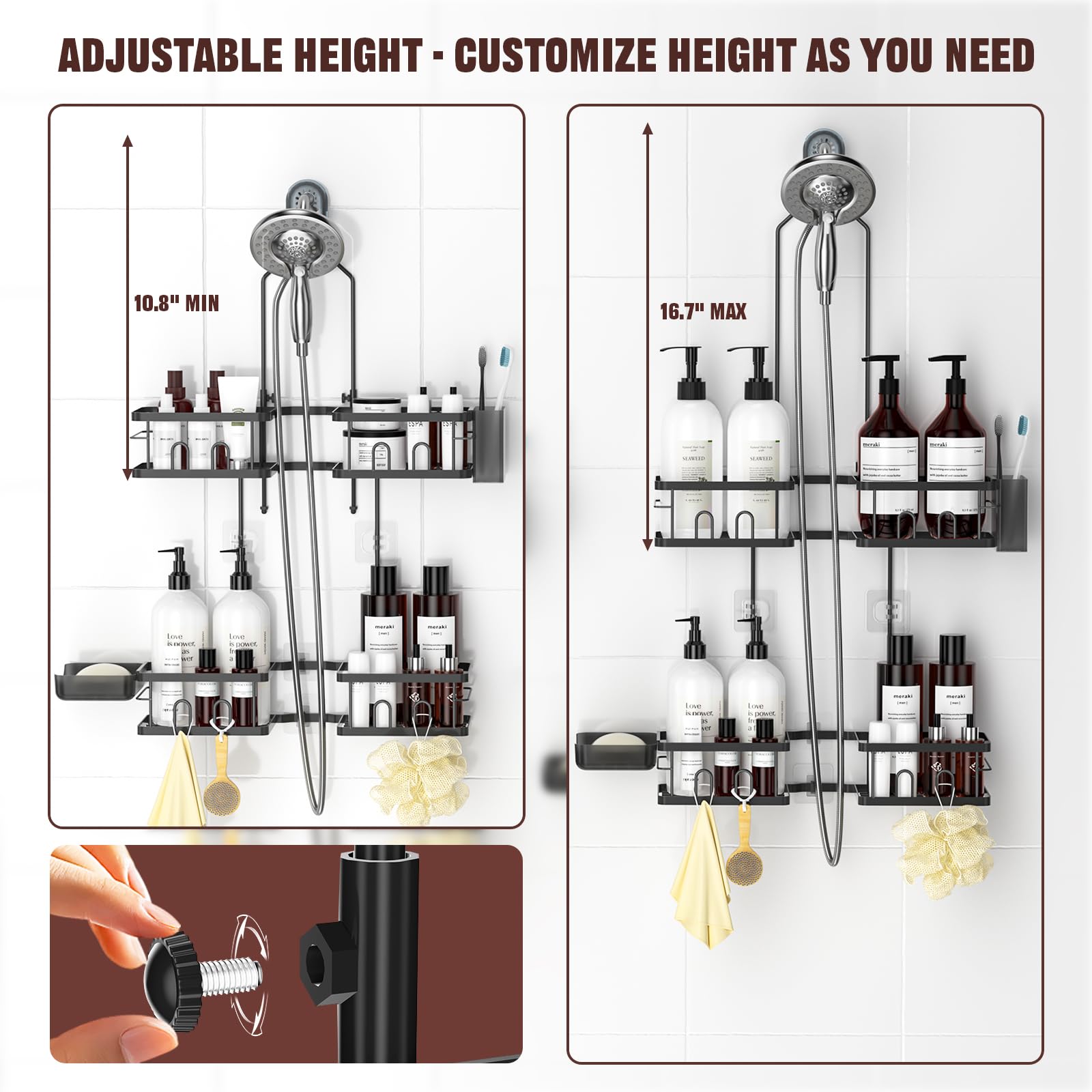 REINHARDT shower caddy shows handheld showerhead compatibility for clear hose movement.