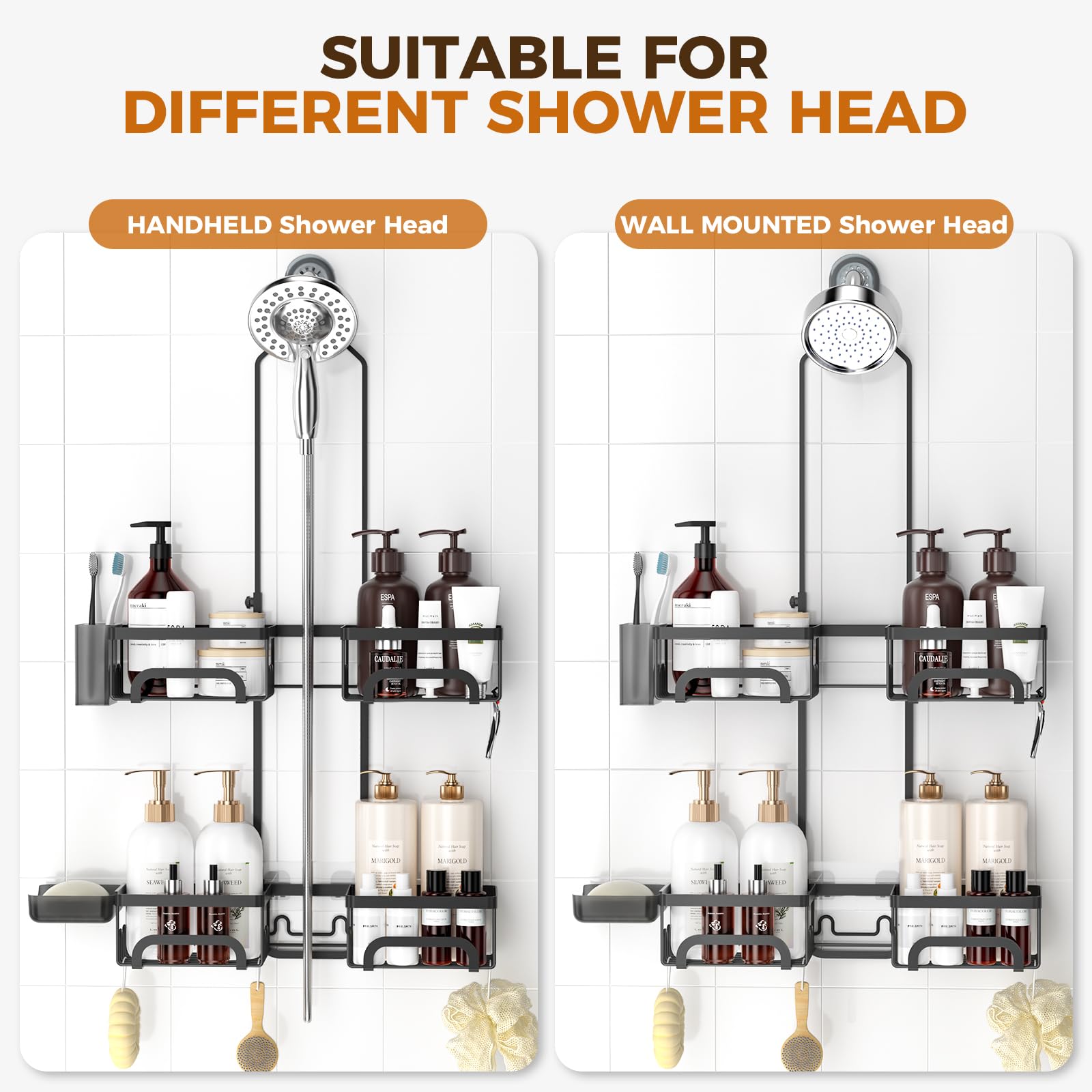 REINHARDT shower caddy works with handheld showers for flexibility