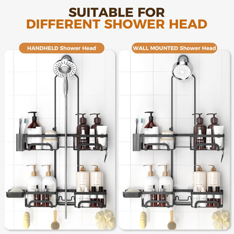 REINHARDT shower caddy works with handheld showers for flexibility