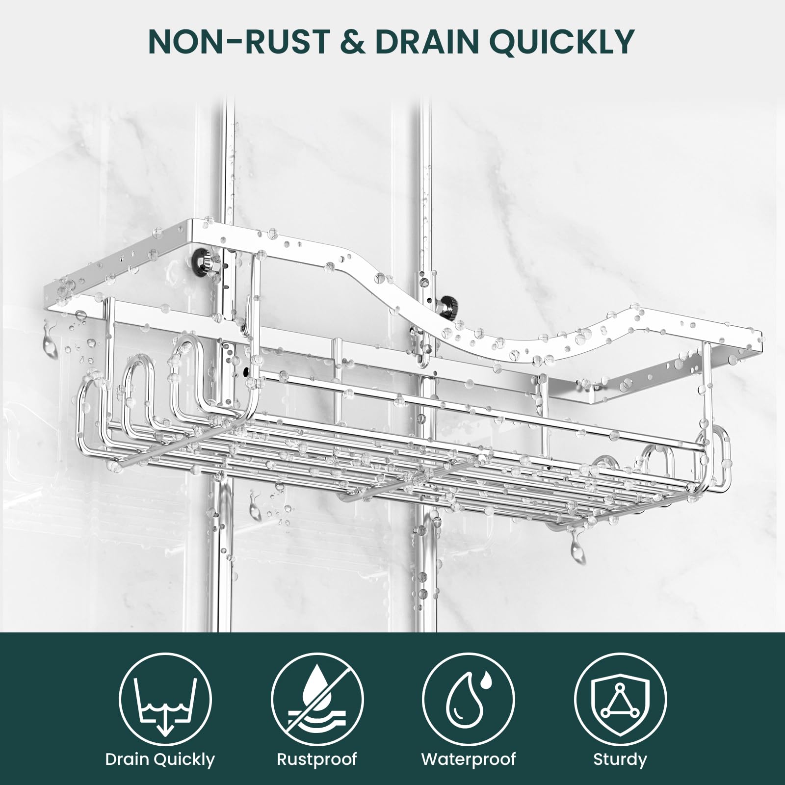 Reinhardt large-capacity caddy neatly stores shampoo, conditioner, soap, and loofahs