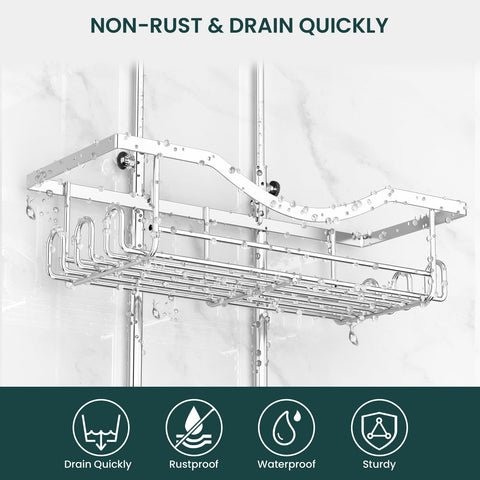Reinhardt large-capacity caddy neatly stores shampoo, conditioner, soap, and loofahs