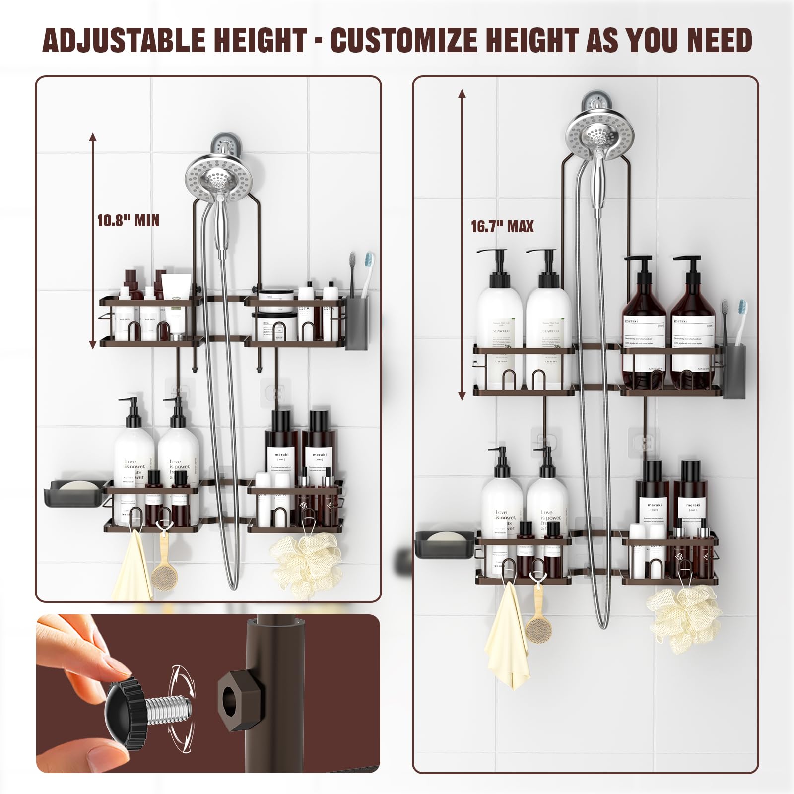 Reinhardt bronze shower caddy mounted on showerhead for easy access.